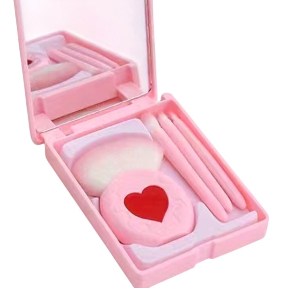 Pastel Pink Red Heart Makeup Brushes Brush Set Mirror Case Travel Gym Kawaii